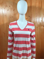 RALPH LAUREN SPORT SMALL PONY Adult Women V Neck T-Shirt Tee Shirt L LRG Large Pink White Shirt Striped