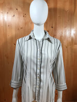 WORTHINGTON STRETCH Adult Women M MD Medium Long Sleeve White Black Button Shirt Blouse Top Striped