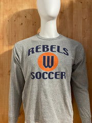 NIKE "REBELS SOCCER" Graphic Print Adult T-Shirt Tee Shirt S SM Small Gray Long Sleeve Shirt